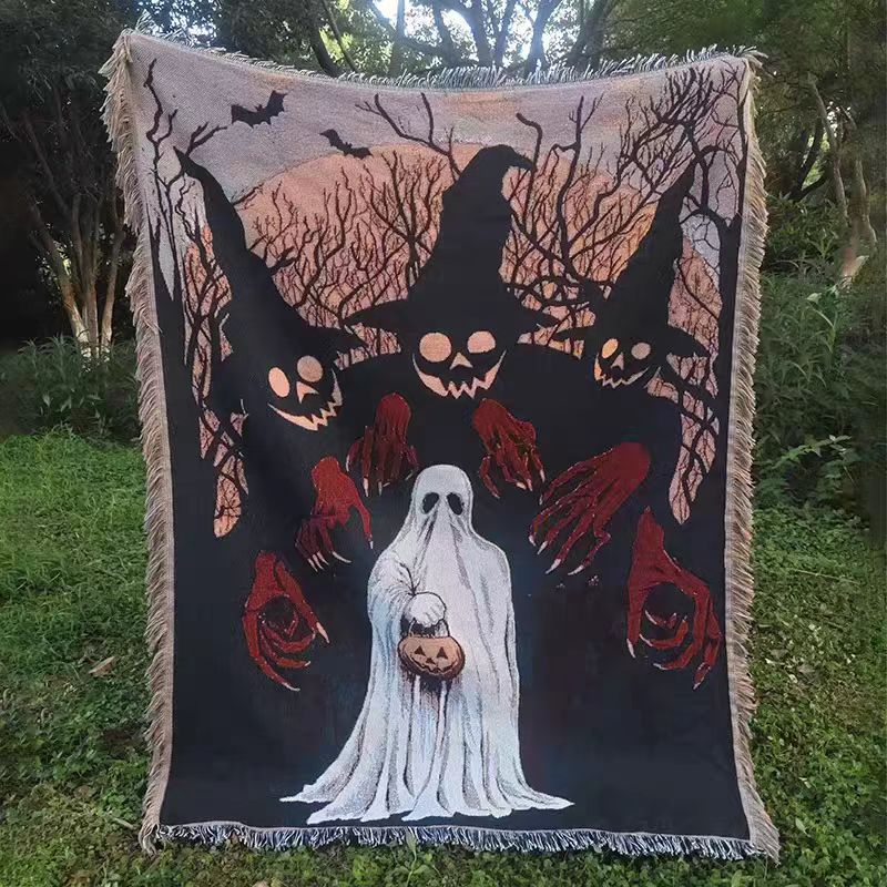 Halloween Ghost & Pumpkin Witch Jacquard Tapestry | Spooky Season Wall Hanging Hauptbild