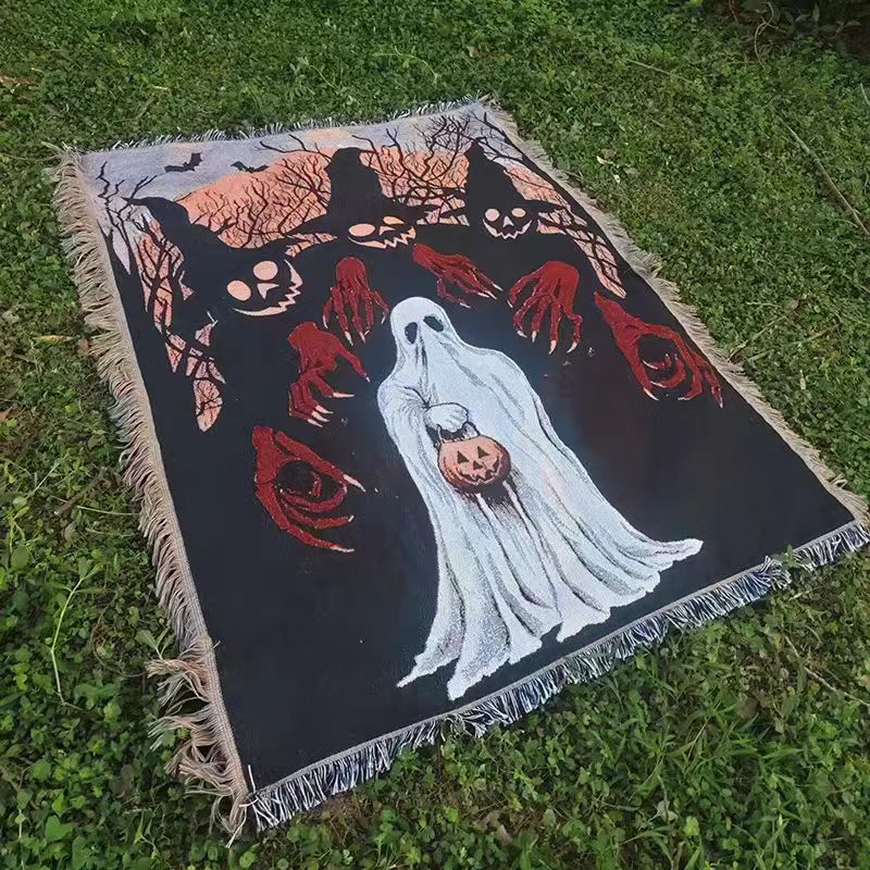 Halloween Ghost & Pumpkin Witch Jacquard Tapestry | Spooky Season Wall Hanging Zweitbild