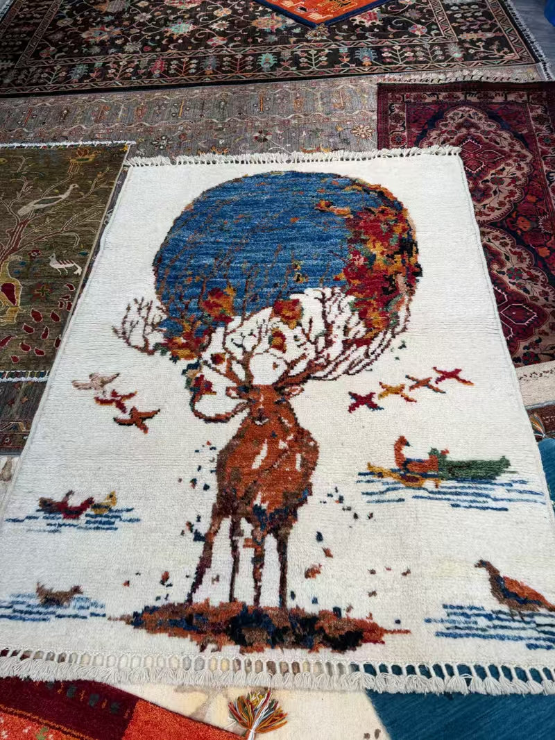 Hand‑Knotted Wool Art Rug | Stag with Globe Motif