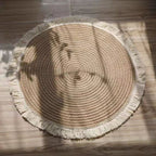 Round Braided Cotton Linen Rug with Tassel Fringe | Boho Home Decor