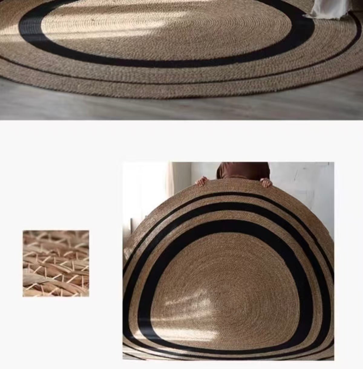 Round Braided Natural Grass Rug | 200cm Diameter, Jute & Cotton Hand Woven Rug, Boho Wabi-Sabi Home Decor - Houseoon