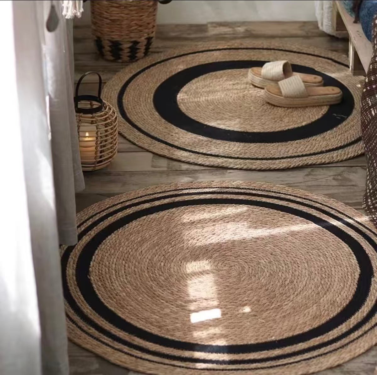 Round Braided Natural Grass Rug | 200cm Diameter, Jute & Cotton Hand Woven Rug, Boho Wabi-Sabi Home Decor Image secondaire du produit