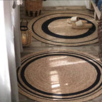 Round Braided Natural Grass Rug | 200cm Diameter, Jute & Cotton Hand Woven Rug, Boho Wabi-Sabi Home Decor - Houseoon